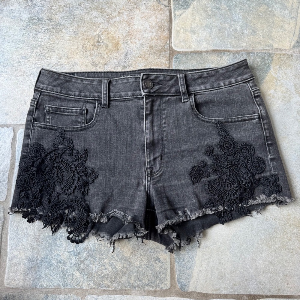 Y2K American Eagle Hi-Rise Shortie Shorts 12 Lace Appliqué Super‎ Stretch X